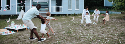 Family playing tug of war