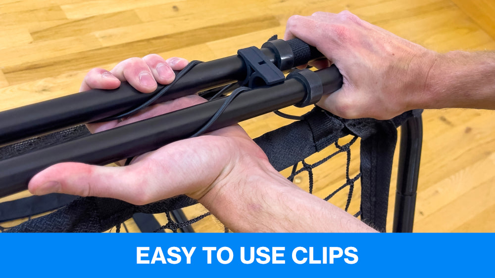 hands clipping infinets sports nets together. Text underneath the photo says, "easy to use clips"