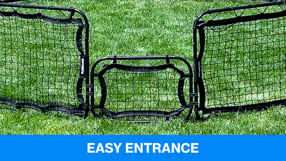 Entrance to Gaga Ball net made of infinets with text that says, "easy entrance"