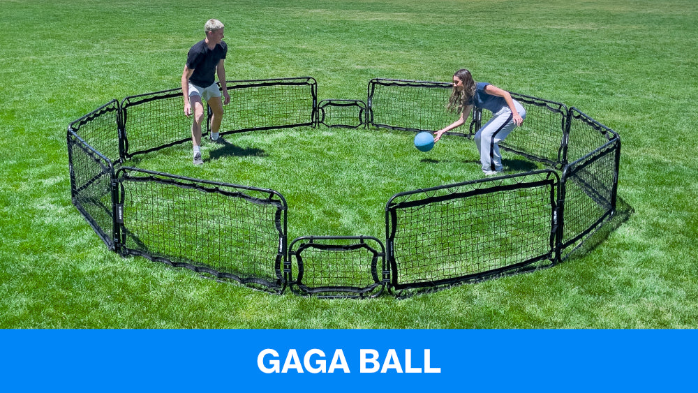 gaga ball net built with infinets with text that says, "gaga ball"