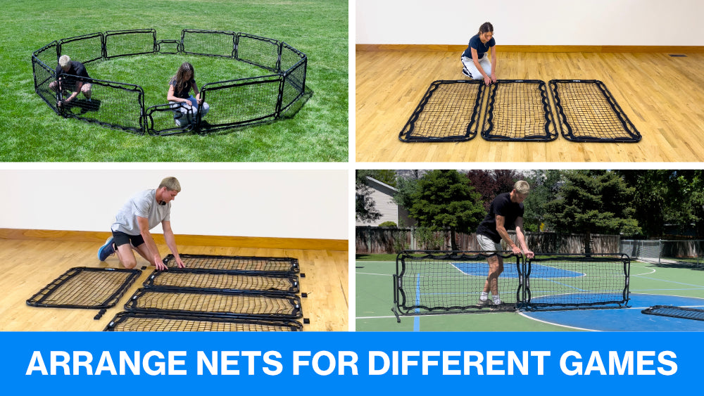 photos of people assembling infinets portable sports nets for different sports