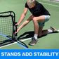 person setting up the stands for the portable sports nets with text that says, "stands add stability"
