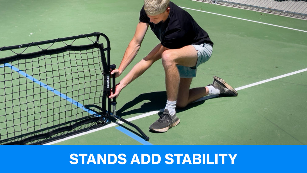 person setting up the stands for the portable sports nets with text that says, "stands add stability"