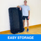 person leaning on the portable sports nets with text that says "easy storage"